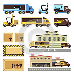 Warehouse building and transportation vehicles flat vector icons set