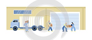 Warehouse building with workers unloading cargo truck for distribution or storage
