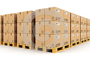 Warehouse with cardbaord boxes on shipping pallets