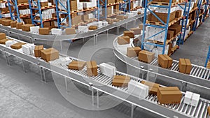 Warehouse with cardboard boxes inside on pallets racks, logistic center. Huge, large modern warehouse. Cardboard boxes