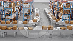 Warehouse with cardboard boxes inside on pallets racks, logistic center. Huge, large modern warehouse. Cardboard boxes