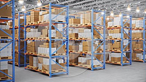 Warehouse with cardboard boxes inside on pallets racks, logistic center. Huge, large modern warehouse. Warehouse filled