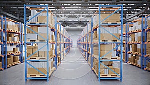 Warehouse with cardboard boxes inside on pallets racks, logistic center. Huge, large modern warehouse. Warehouse filled