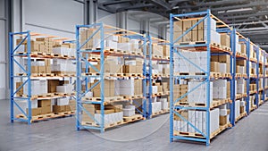 Warehouse with cardboard boxes inside on pallets racks, logistic center. Huge, large modern warehouse. Warehouse filled
