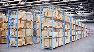 Warehouse with cardboard boxes inside on pallets racks, logistic center. Huge, large modern warehouse. Warehouse filled