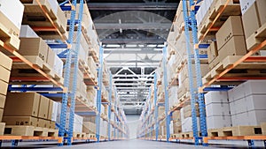 Warehouse with cardboard boxes inside on pallets racks, logistic center. Huge, large modern warehouse. Warehouse filled