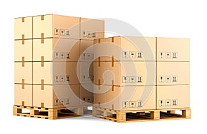 Warehouse: cardboard boxes on pallets isolated on white