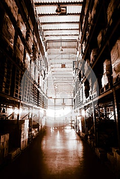 Warehouse cargo building store, warehouse interior with shelves, pallets and boxes for stock and sorting shipment goods in freight