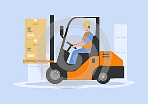 Warehouse And Cargo Goods Concept. Worker In Uniform Loading Cardboard Boxes Use Forklift. Global Business. Process