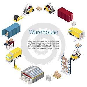 Warehouse, cargo transportation icons in circle vector poster. Warehouse shipping and delivery, transportation of goods