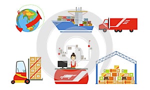 Warehouse, Cargo Transportation, Logistics and Distribution Set, Forklift, Truck, Ship, Warehouse Building Vector