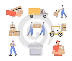 Warehouse delivery business illustration. Warehouse workers characters unloading boxes. Flat style  illustration