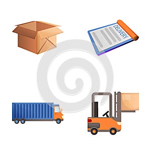 Warehouse delivery icons set cartoon vector. Goods transportation