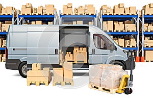 Warehouse, delivery van with parcels and pallet truck with cardboard boxes. 3D rendering