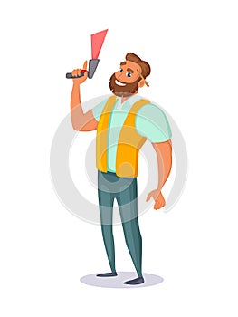 Warehouse employee holds a barcode scanner in his hand. Concept character design. Vector illustration.