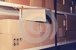 Warehouse with empty boxes. Theft at a postal warehouse