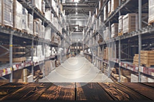 Warehouse with empty table background for product. Blurred industrial warehouse with goods. Logistics, business