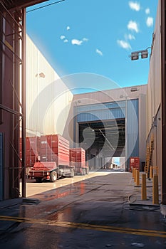 warehouse exterior with loading docks and trucks