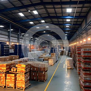 A warehouse within the factory filled with neatly stacked boxes containing solar cell parts. The image conveys the organization