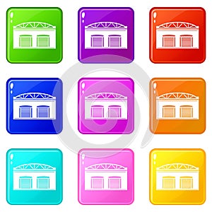 Warehouse factory icons set 9 color collection