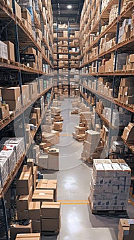 Warehouse filled with goods, boxes, and neatly arranged shelves