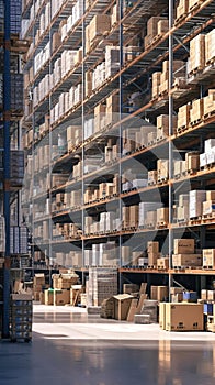 Warehouse filled with goods, boxes, and neatly arranged shelves