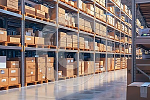 Warehouse filled with goods, boxes, and neatly arranged shelves