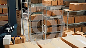 Warehouse filled with raw materials and racks to put cardboard boxes