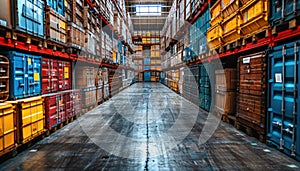 Warehouse filled with shipping containers in a city alley