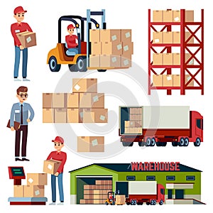 Warehouse flat elements. Logistic transportation and forklift, delivery cargo truck. Loader with boxes isolated vector