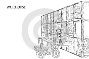 Warehouse. A forklift truck sorts and stacks boxes of goods.