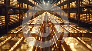 A warehouse full of gold bars in rows and columns, AI