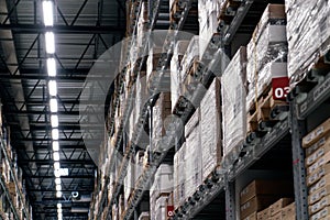 The warehouse full of goods, boxes and shelves in order