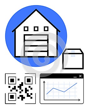 Warehouse, QR Code, Package, and Analytics Dashboard Representing Logistics and Inventory Management