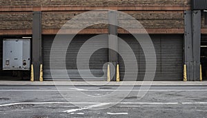 Warehouse garage doors on a city street