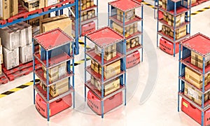 Warehouse with goods in boxes and automated means that move the boxes