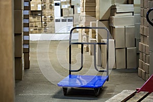 Warehouse with goods in boxes and trolleys for transportation of goods close-up