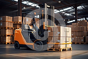 Warehouse hustle Forklift loads pallets and boxes for distribution tasks