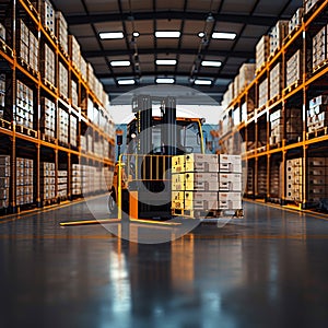 Warehouse hustle Forklift loads pallets and boxes for distribution tasks