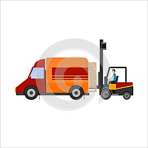 Warehouse illustration of loader truck loading cardboard boxes