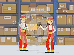 Warehouse Indoor Space with Goods on Shelf and Professional Workers in Uniform, Storage, Distribution and Delivery