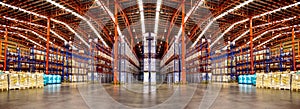 Warehouse industrial and logistics companies. Commercial warehouse. Huge distribution warehouse with high shelves. photo