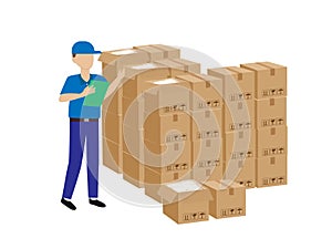 Warehouse inspector holding a clipboard examining details of a package To see the damage And ready to ship