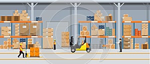 Warehouse Interior with Boxes On Rack And People Working. Flat vector and solid color style Logistic Delivery Service