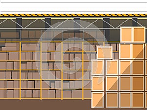 Warehouse interior with cardboard box on shelf, equipment. Storehouse, storage space at factory