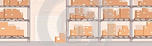 Warehouse interior with carton boxes on metal shelves. Empty storehouse panoramic background for goods storage. Inside