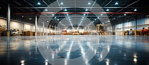 Warehouse interior with empty shelves and racks. Blurred background