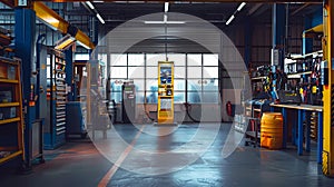 Warehouse interior with equipment, Industrial background, Automotive industry, Generative AI illustrations