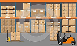 Warehouse interior with goods, pallet trucks and container package boxes. Rasterized copy