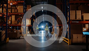 Warehouse interior with high racks of boxes
